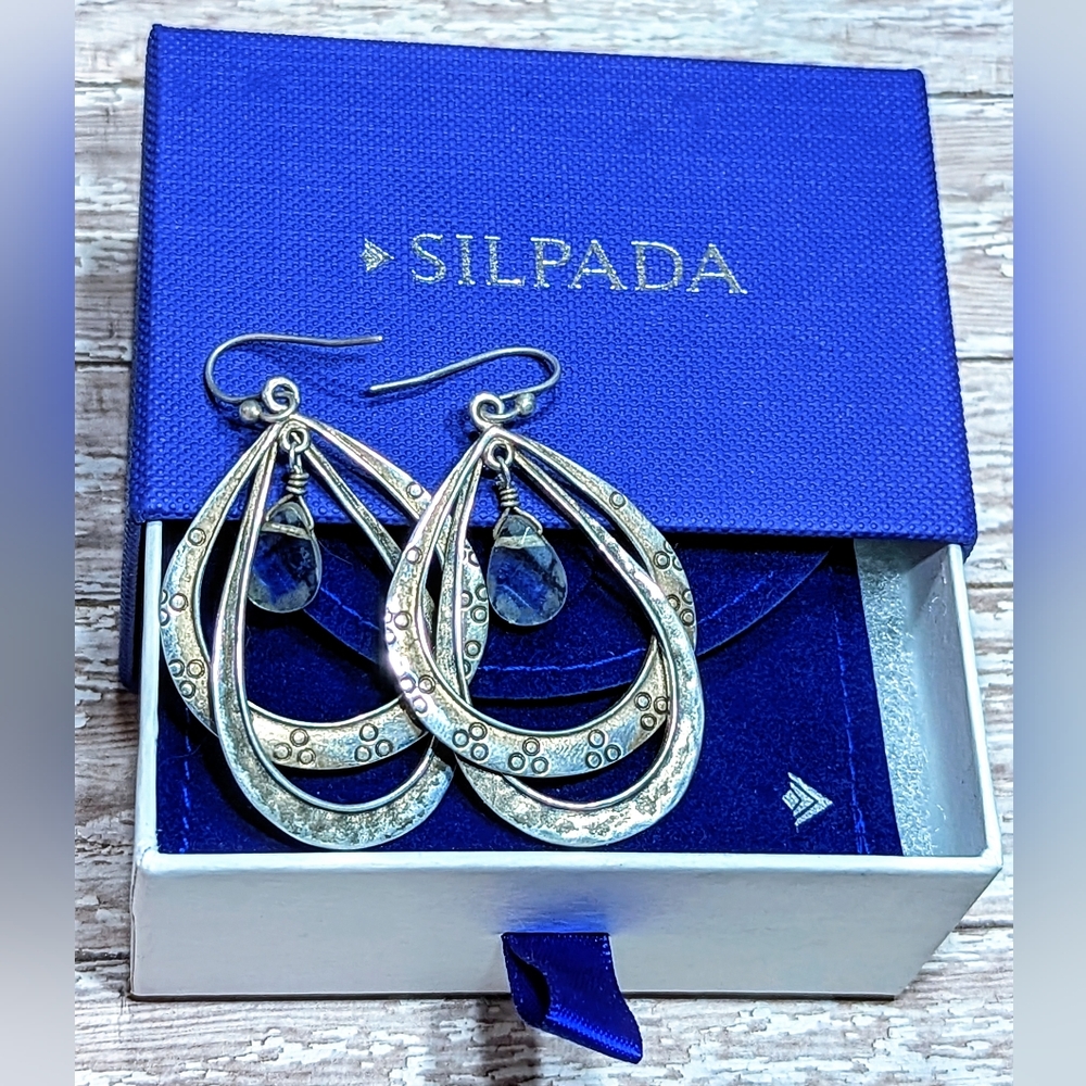 Silpada Double Sterling Silver Textured Hoops with Clear Glass Drops W1681